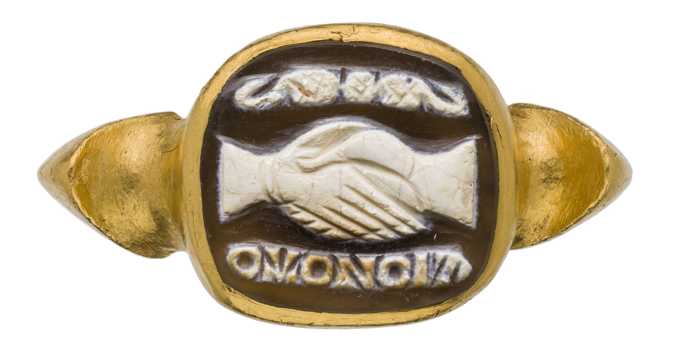 Handdruk met tekst OMONOIA (‘Eendracht’),