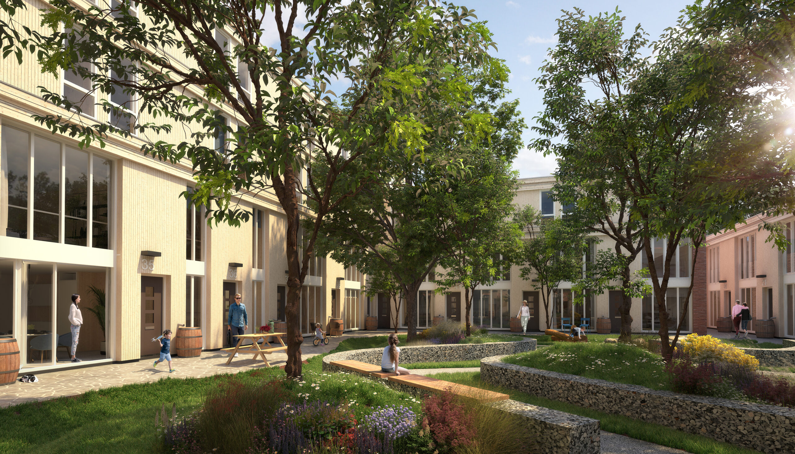 De woningen aan de kant van de tuinen krijgen twee etages