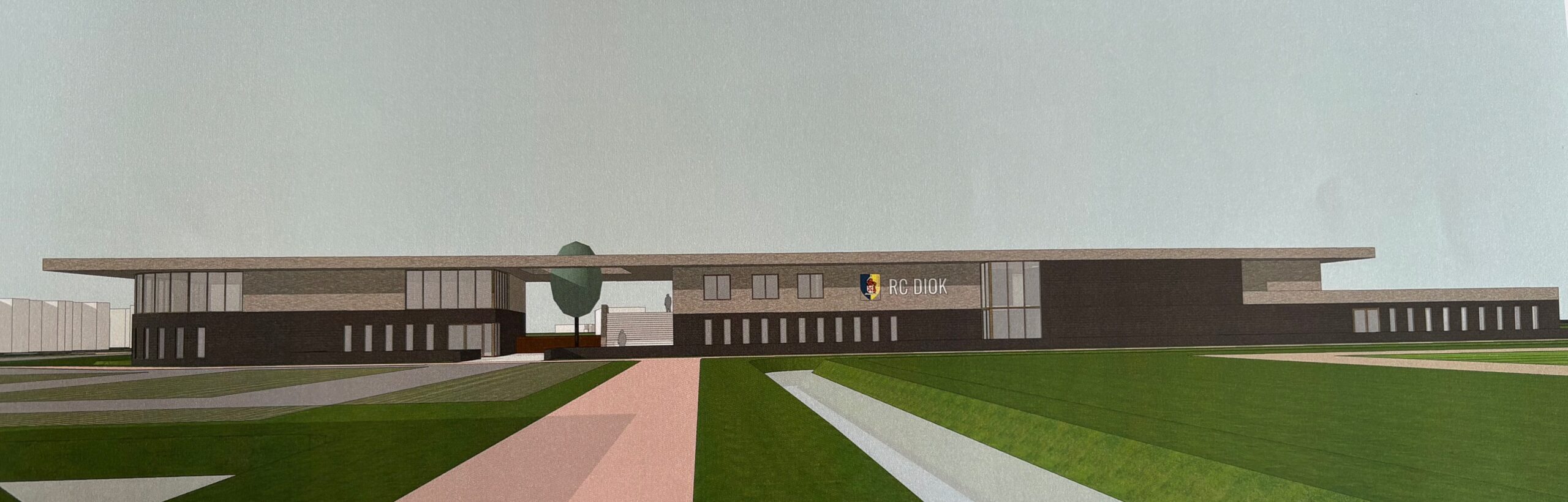 Aanzicht vanaf de parkeerplaats. Links de commerciële sportschool (twee lagen), vanaf het midden onder het gezondheidscentrum en de kleedkamers/opslag en geheel rechts het kinderdagverblijf. Boven: het clubhuis met diverse ruimten met een zonnig dakterras.