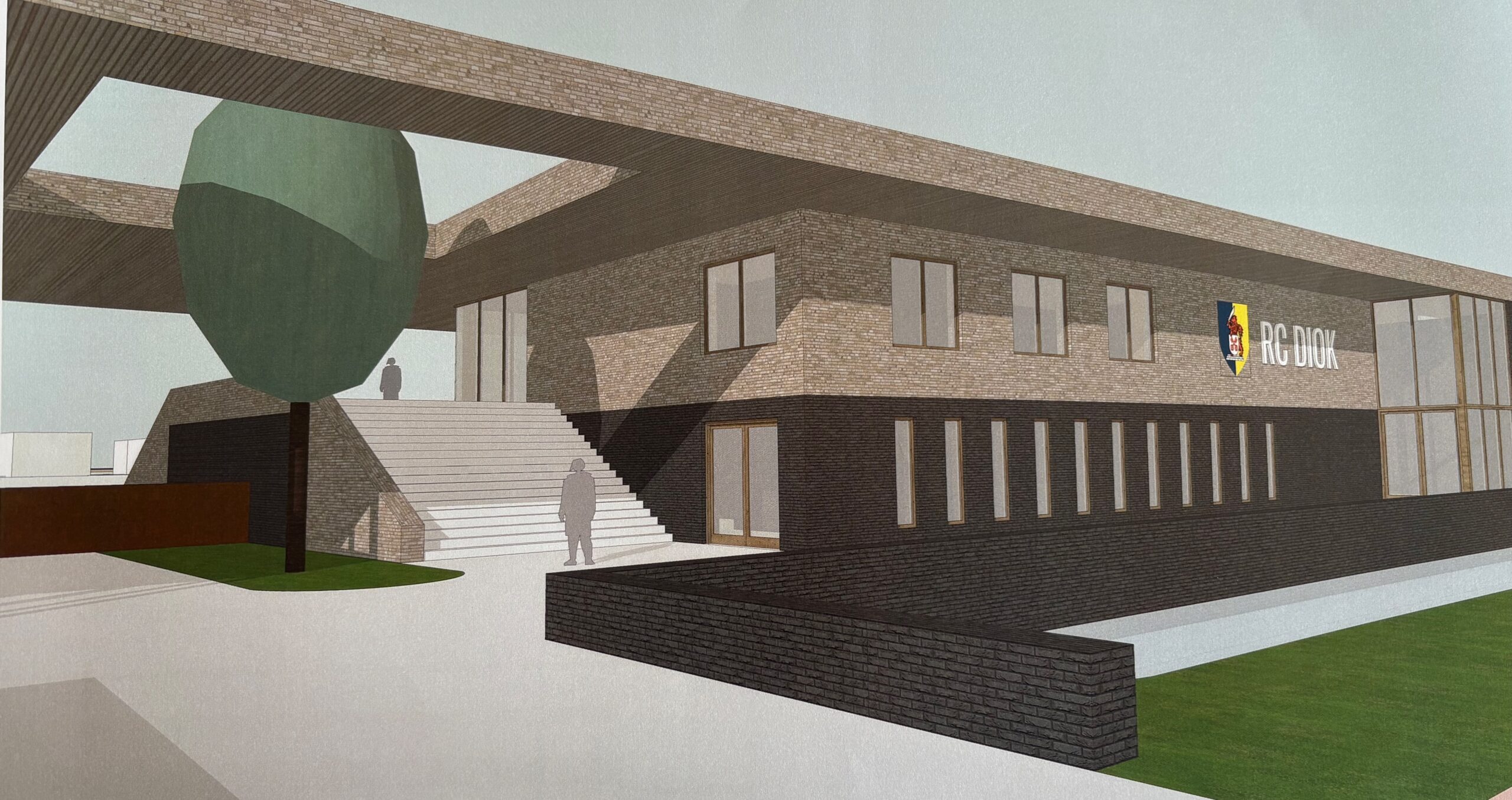 Entree naar gezondheidscentrum en rechts naar de kleedkamers en het clubhuis.